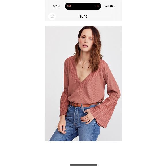 Free People Women’s Top Parisian Nights Eyelet Trim Bell Sleeves Ribbed Small - Picture 8 of 8